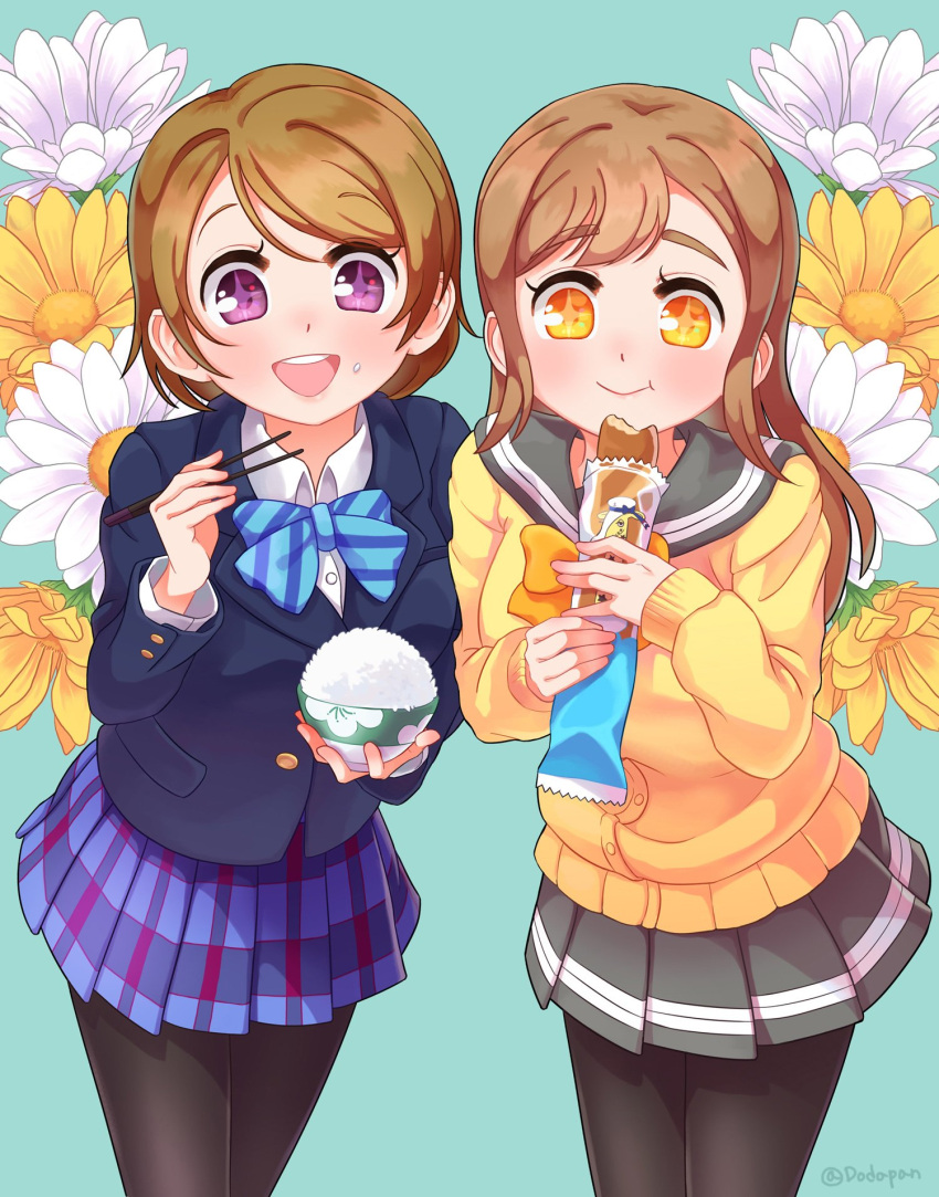 2girls :d aqua_background bangs black_legwear blazer blue_bow blue_bowtie bow bowl bowtie bread brown_hair cardigan commentary_request dodapan eating floral_background food food_on_face highres holding holding_bowl holding_food jacket koizumi_hanayo kunikida_hanamaru long_hair long_sleeves looking_at_viewer love_live! love_live!_school_idol_project love_live!_sunshine!! miniskirt multiple_girls open_mouth pantyhose pleated_skirt rice rice_bowl rice_on_face school_uniform serafuku short_hair skirt smile sparkling_eyes striped striped_bow striped_bowtie twitter_username violet_eyes yellow_bow yellow_bowtie yellow_eyes