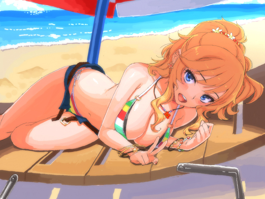 1girl :d angelo_(gomahangetsu) bangle beach beach_umbrella belt bikini blonde_hair blue_eyes bracelet breasts cleavage day earrings flower flower_earrings folded_leg hair_flower hair_ornament highres idolmaster idolmaster_cinderella_girls jewelry jpeg_artifacts large_breasts leg_up looking_at_viewer lying multicolored multicolored_bikini multicolored_clothes multicolored_stripes nail_polish navel necklace o-ring_bikini on_side ootsuki_yui open_fly open_mouth outdoors ponytail short_shorts shorts side-tie_bikini smile solo striped striped_bikini swimsuit umbrella v wristband