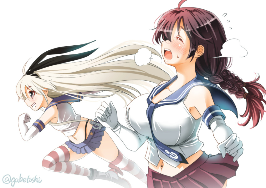 2girls ahoge animal_ears auburn_hair between_breasts blonde_hair blush bouncing_breasts braid breasts brown_eyes closed_eyes collarbone commentary_request elbow_gloves exhausted eyebrows eyebrows_visible_through_hair g-string girly_running gloves hair_over_one_eye kantai_collection large_breasts long_hair midriff multiple_girls navel necktie necktie_between_breasts noshiro_(kantai_collection) open_mouth panties pleated_skirt rabbit_ears rudder_shoes running shimakaze_(kantai_collection) simple_background skirt smile sogabe_toshinori striped striped_legwear teeth thong twin_braids twitter_username underwear upper_body white_background