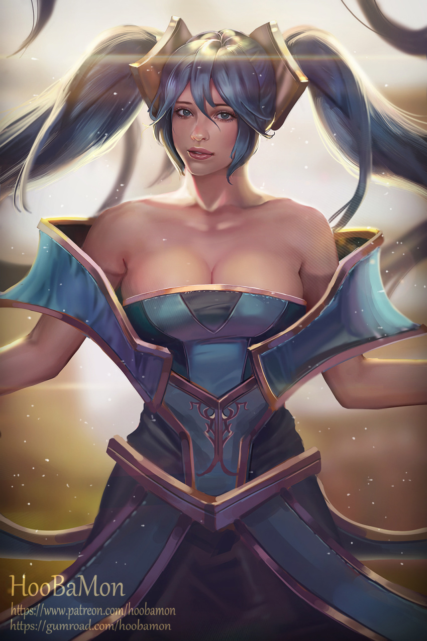 1girl artist_name bare_shoulders blue_eyes blue_hair breasts cleavage eyelashes gumroad_username highres hoo_bamon large_breasts league_of_legends lips long_hair long_twintails looking_at_viewer nose patreon_username shiny shiny_hair solo sona_buvelle twintails