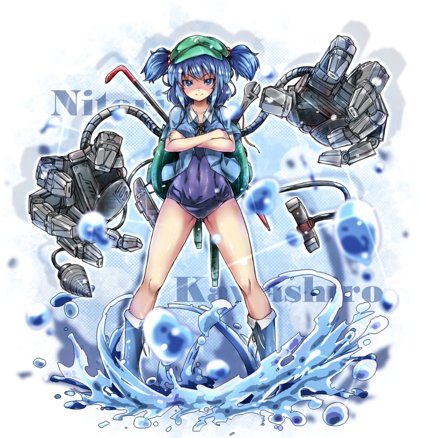 &gt;:) 1girl backpack bag bangs blue_eyes blue_hair blue_shirt boots breasts character_name closed_mouth covered_navel crossed_arms full_body hair_bobbles hair_ornament highres kawashiro_nitori key looking_at_viewer mechanical_arm medium_breasts one-piece_swimsuit open_clothes open_shirt ototobe rubber_boots shaded_face shirt short_hair short_sleeves solo standing swimsuit swimsuit_under_clothes touhou two_side_up water_drop