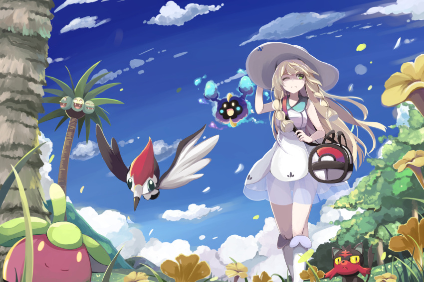 &gt;:( :d alolan_exeggutor araragimura_udonya arm_up bag bangs bare_arms bare_shoulders blonde_hair blue_eyes blue_sky blunt_bangs boots bounsweet braid closed_mouth commentary_request cosmog day dress duffel_bag fangs field floating floating_hair flower flower_field glowing green_eyes hand_on_headwear hat knee_boots lillie_(pokemon) litten open_mouth outdoors palm_tree petals pikipek plant pokemon pokemon_(game) pokemon_sm see-through shaded_face shoulder_bag sky sleeveless sleeveless_dress smile sundress thigh_gap tree twin_braids walking white_boots white_dress white_hat wind yellow_eyes yellow_sclera