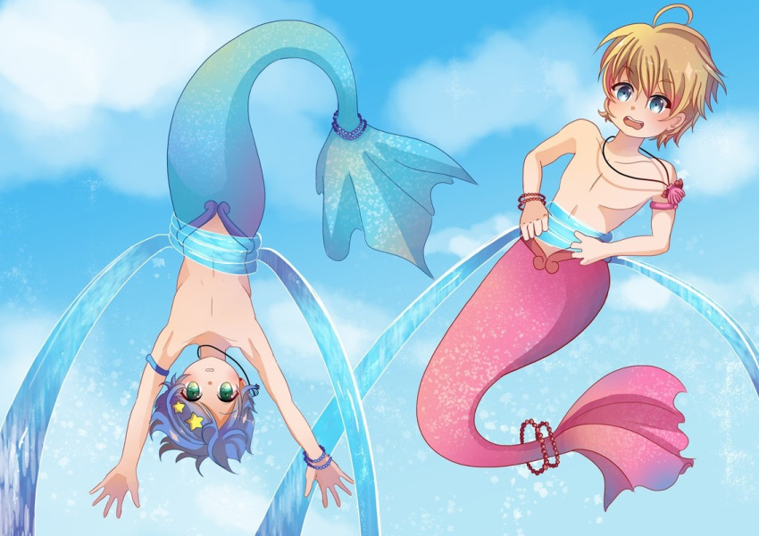 2boys blonde_hair blue blue_eyes blue_hair genderswap genderswap_(ftm) hair_between_eyes hair_ornament hairclip houshou_hanon jewelry mermaid_melody_pichi_pichi_pitch merman monster_boy multiple_boys nanami_lucia open_mouth shell_necklace short_hair star