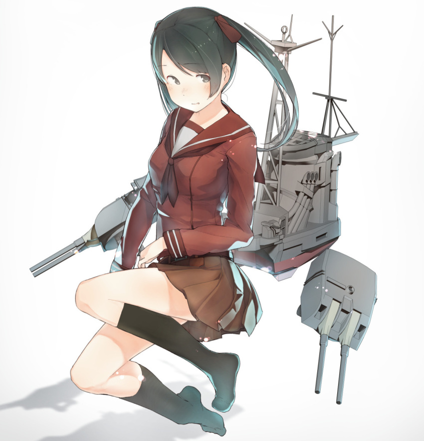 1girl bangs belt black_eyes black_hair blush breasts brown_skirt cannon eyebrows eyebrows_visible_through_hair flower full_body fuu_fuu hair_ribbon highres kantai_collection kneehighs long_hair long_sleeves looking_at_viewer machinery medium_breasts mikuma_(kantai_collection) neckerchief no_shoes pleated_skirt red_ribbon ribbon school_uniform serafuku shadow simple_background skirt smile solo twintails white_background