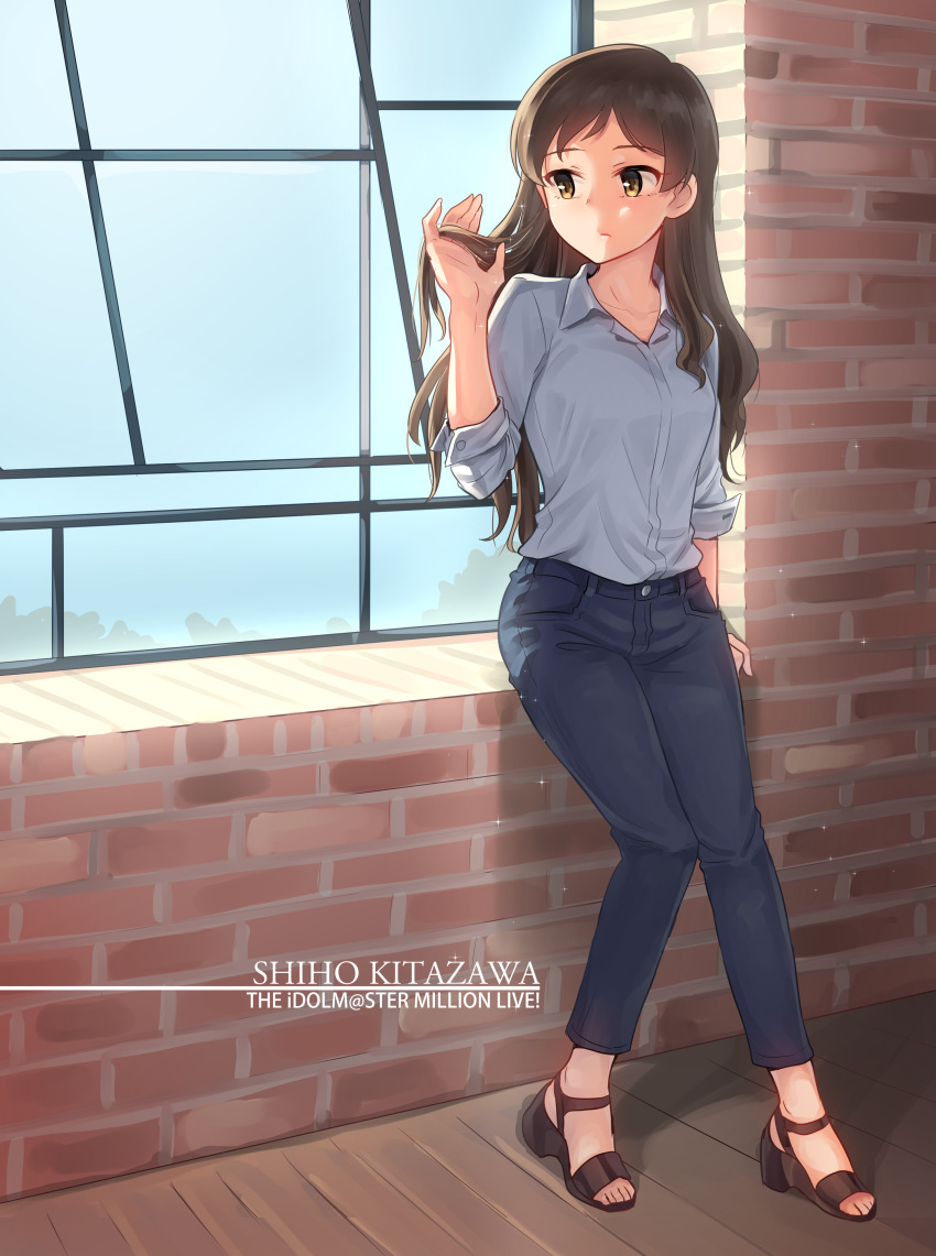 1girl absurdres arm_support bangs brick_wall brown_hair brown_shoes casual character_name closed_mouth collarbone collared_shirt copyright_name denim dress_shirt eyebrows_visible_through_hair hand_in_hair high_heels highres idolmaster idolmaster_million_live! indoors jeans kamille_(vcx68) kitazawa_shiho leaning light_frown long_hair long_sleeves looking_away open_toe_shoes pants shirt shoes sky solo sparkle swept_bangs wavy_hair white_shirt window windowsill wooden_floor yellow_eyes