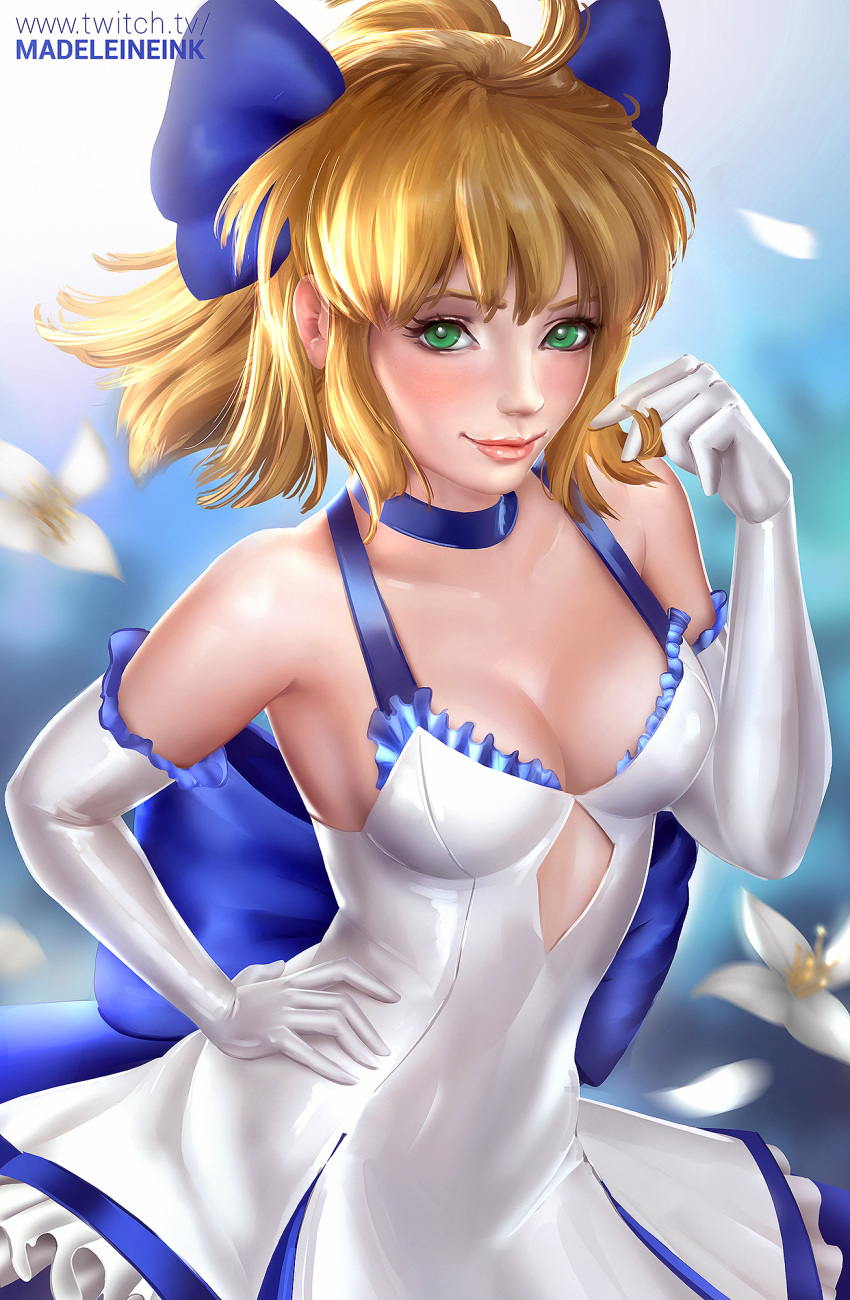1girl artist_name back_bow blue_bow blue_choker bow breasts choker cleavage commentary dress elbow_gloves fate_(series) flower gloves green_eyes hair_bow hand_on_hip highres large_bow lily_(flower) looking_at_viewer madeleine_bellwoar medium_breasts pink_lips saber saber_lily shiny shiny_clothes shiny_hair short_hair smile solo twitch_username watermark web_address white_dress white_flower white_gloves