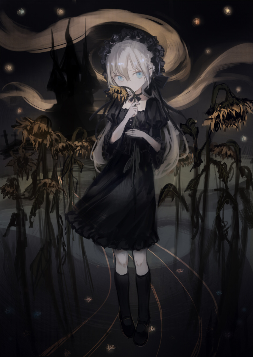 1girl alt_(apou) black_dress blonde_hair blue_eyes commentary dark dress faux_traditional_media flower gothic_lolita hairband highres holding holding_flower kneehighs lolita_fashion long_hair looking_at_viewer mary_janes neck_ribbon original pigeon-toed ribbon shoes sketch solo star sunflower texture