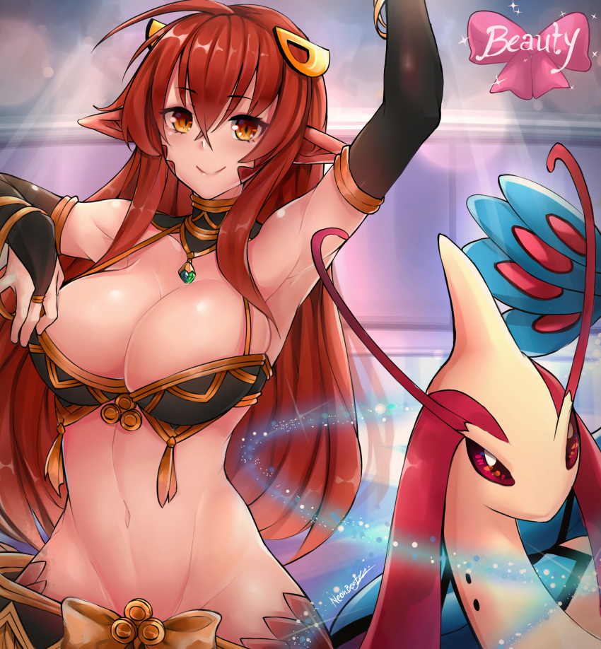 1girl absurdres ahoge arm_up armpits artist_name bangs bare_shoulders bow breasts bridal_gauntlets brown_eyes brown_hair cleavage closed_mouth crossover eyebrows_visible_through_hair francis_blake hair_between_eyes highres jewelry lamia large_breasts long_hair looking_at_viewer miia_(monster_musume) milotic monster_girl monster_musume_no_iru_nichijou navel pendant pink_bow pointy_ears pokemon sidelocks slit_pupils smile sparkle stomach yellow_bow