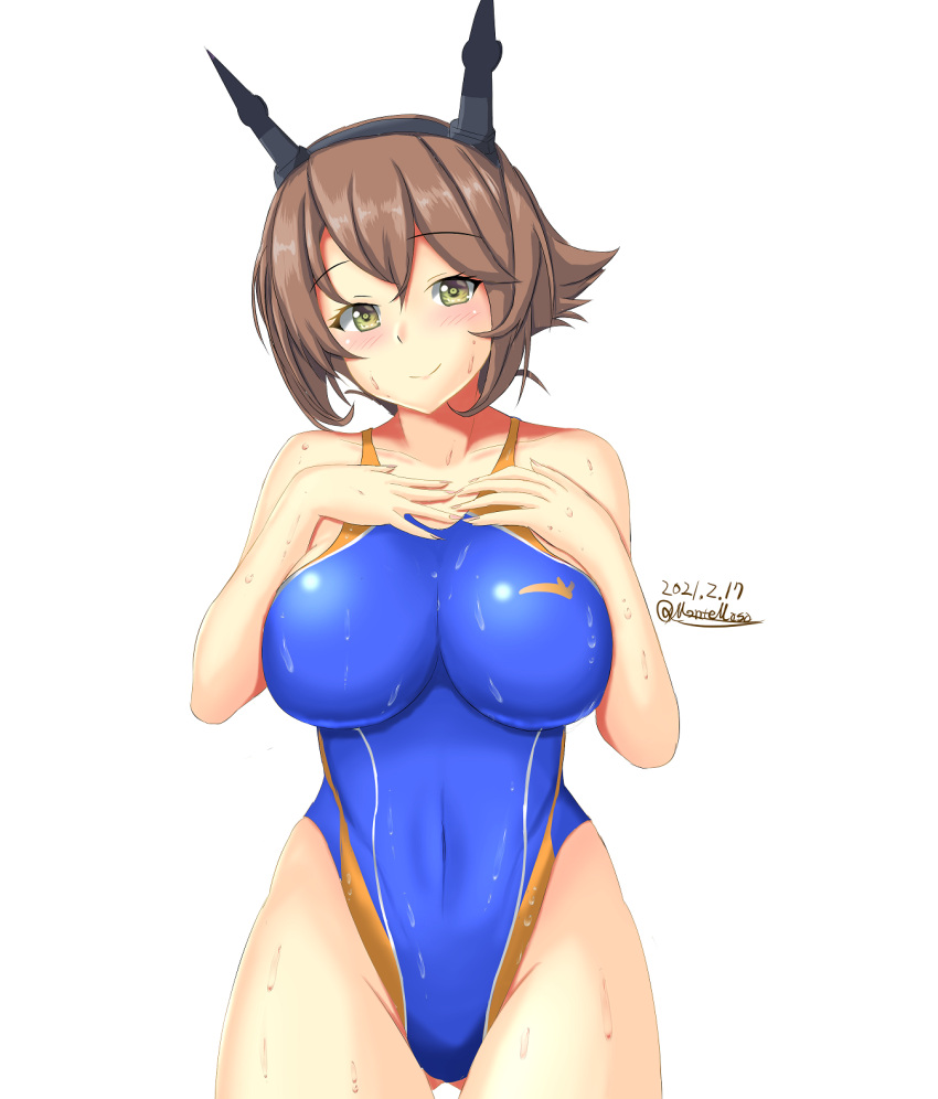 1girl ass_visible_through_thighs blue_swimsuit breasts brown_hair competition_swimsuit dated green_eyes hairband hands_on_own_chest highleg highleg_swimsuit highres impossible_clothes impossible_swimsuit kantai_collection large_breasts looking_at_viewer montemasa mutsu_(kancolle) one-piece_swimsuit radio_antenna short_hair simple_background solo swimsuit twitter_username white_background