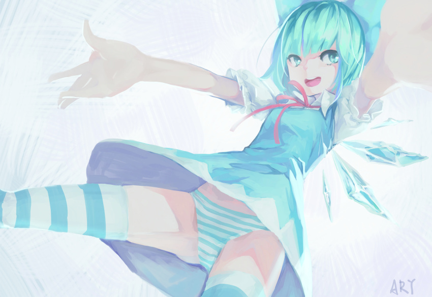 1girl airrabbityan aqua_hair blue_eyes blue_hair cirno dress highres multicolored_hair open_mouth outstretched_arms panties pinafore_dress short_hair signature smile solo spread_arms striped striped_legwear striped_panties thigh-highs touhou underwear upskirt wings