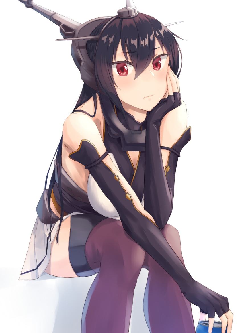 1girl bare_shoulders black_gloves black_hair blush breasts can chin_rest detached_sleeves elbow_gloves elbow_rest fingerless_gloves gloves hair_between_eyes headgear highres hiiragii_(hiiragi_0404) holding holding_can kantai_collection large_breasts leaning_forward lips long_hair looking_at_viewer nagato_(kantai_collection) pleated_skirt purple_legwear red_eyes simple_background sitting skirt solo thigh-highs thighs white_background white_skirt