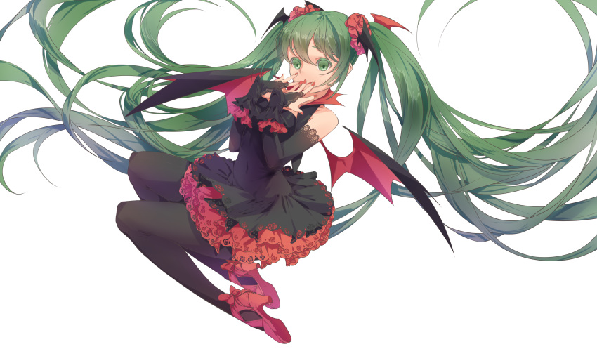 1girl absurdres airrabbityan bare_shoulders bat_wings black_dress black_legwear bridal_gauntlets colored_eyelashes dress eyelashes full_body green_eyes green_hair hands_on_own_face hatsune_miku high_heels highres long_hair nail_polish pantyhose petticoat shoes simple_background smile solo twintails very_long_hair vocaloid white_background wings