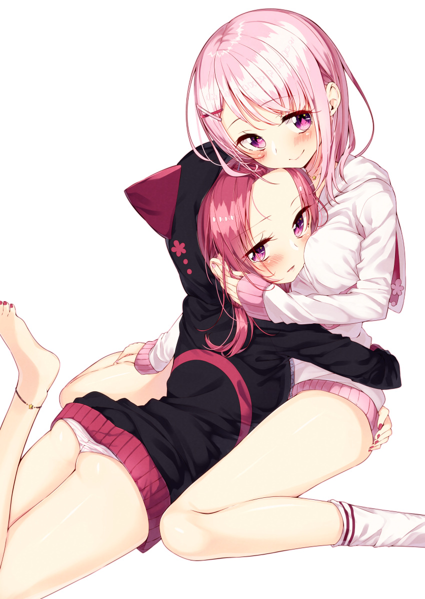 2girls :&gt; absurdres animal_hood anklet arm_around_waist ass barefoot between_breasts blush closed_mouth eyebrows eyebrows_visible_through_hair hair_ornament hand_on_another's_cheek hand_on_another's_face head_between_breasts head_tilt highres hood hoodie hug jewelry kneehighs koi_pink-chan leg_up long_hair lying multiple_girls mutual_hug nail_polish necklace no_pants number on_stomach original panties pantyshot pantyshot_(lying) parted_lips pink pink_eyes pink_hair pink_nails sakuragi_ren short_hair simple_background sitting sleeves_past_wrists star_necklace striped striped_panties toenail_polish underwear usui_pink-chan wariza white_background white_legwear x_hair_ornament yuri