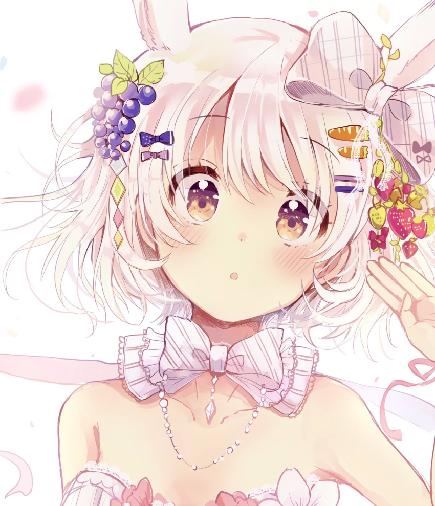 1girl animal_ears blue_bow blush bow bowtie breasts brown_eyes collarbone eyebrows_visible_through_hair hair_bow hair_ornament highres jewelry looking_at_viewer necklace niikura_kaori original parted_lips pink_hair pink_ribbon rabbit_ears ribbon small_breasts solo strapless upper_body white_bow wrist_ribbon