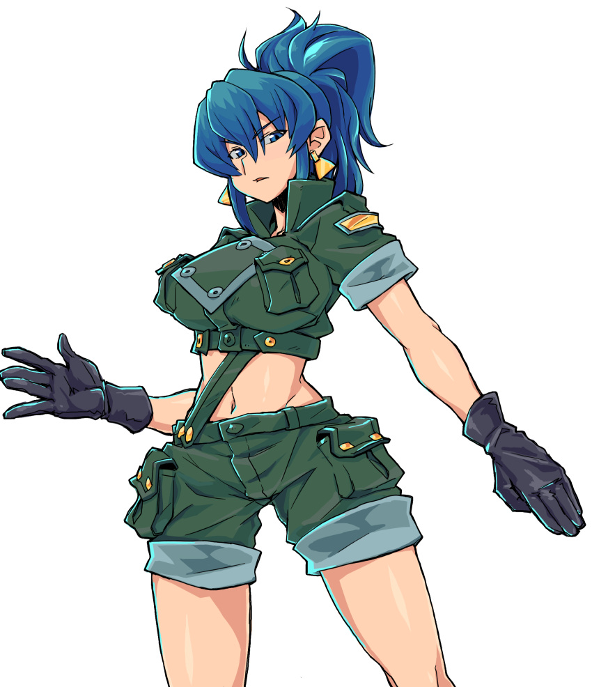 1girl absurdres black_gloves blue_eyes blue_hair breasts coso-ri crop_top earrings gloves highres jewelry large_breasts leona_heidern long_hair midriff navel ponytail shorts solo the_king_of_fighters