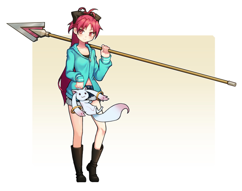 1girl boots bow full_body hair_bow hood hoodie k1_(erin22) kyubey long_hair mahou_shoujo_madoka_magica navel polearm ponytail red_eyes redhead sakura_kyouko smile spear very_long_hair weapon