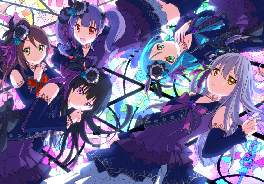 5girls :3 bang_dream! black_dress black_hair blue_hair blush brown_eyes detached_sleeves dress flower frilled_dress frills green_eyes hair_flower hair_ornament hikawa_sayo imai_lisa lolita_fashion long_hair looking_at_viewer minato_yukina multiple_girls open_mouth purple_dress purple_hair shirokane_rinko silver_hair stained_glass twintails udagawa_ako violet_eyes