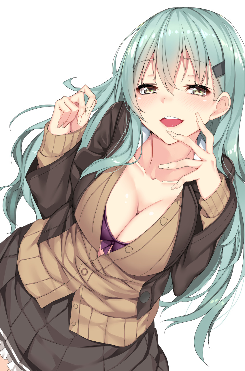 1girl absurdres aqua_hair bad_anatomy beige_background bra breasts cleavage dated dutch_angle eyebrows_visible_through_hair fingernails hair_ornament hairclip hand_to_own_mouth highres kantai_collection large_breasts long_fingernails long_fingers long_hair looking_at_viewer nebusoku open_clothes open_shirt purple_bra remodel_(kantai_collection) saliva shirt simple_background skirt sleeves_past_wrists smile solo suzuya_(kantai_collection) twitter_username unbuttoned underwear