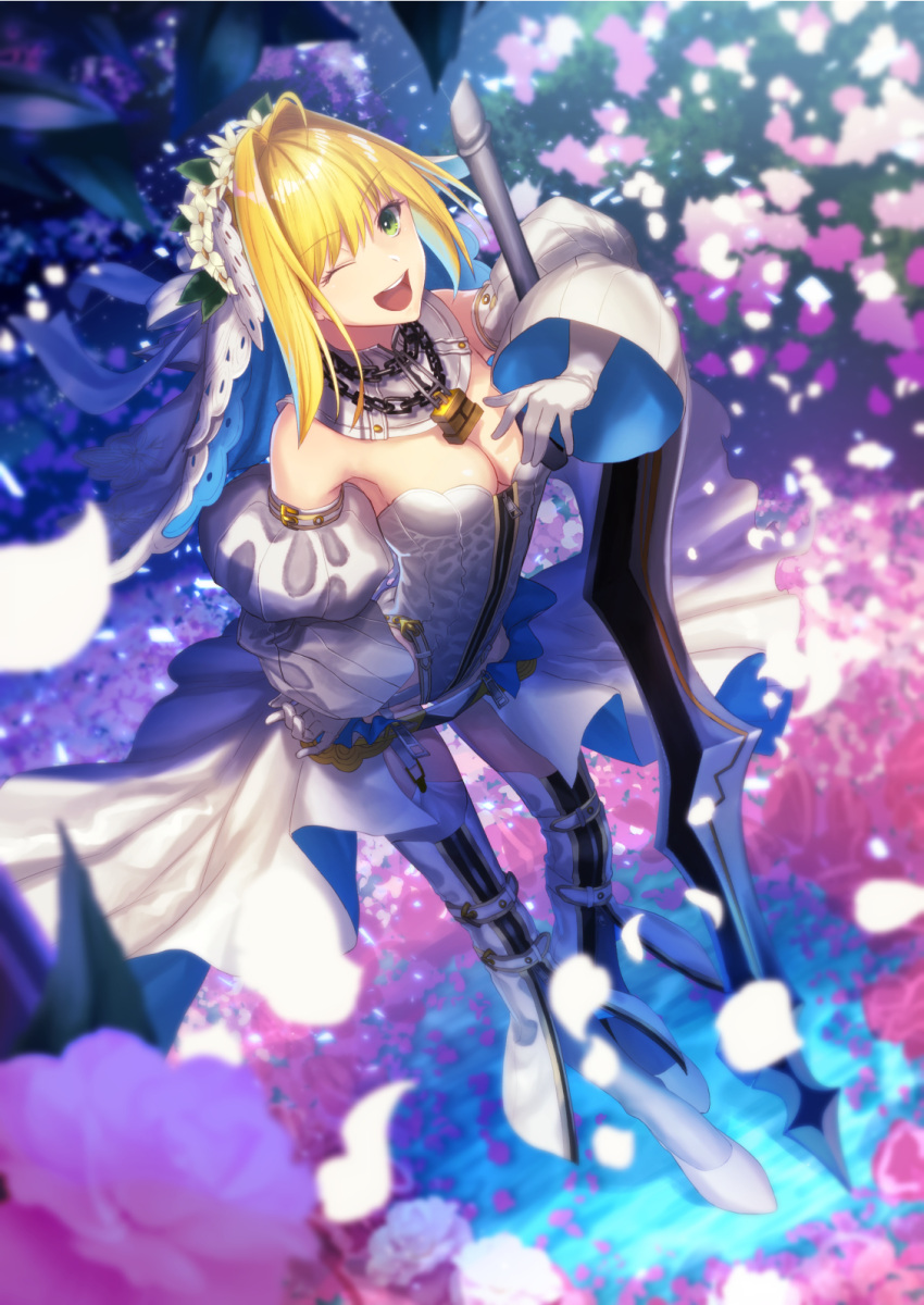 blonde_hair blush dress fate/extra green_eyes happy long_hair saber_bride wink