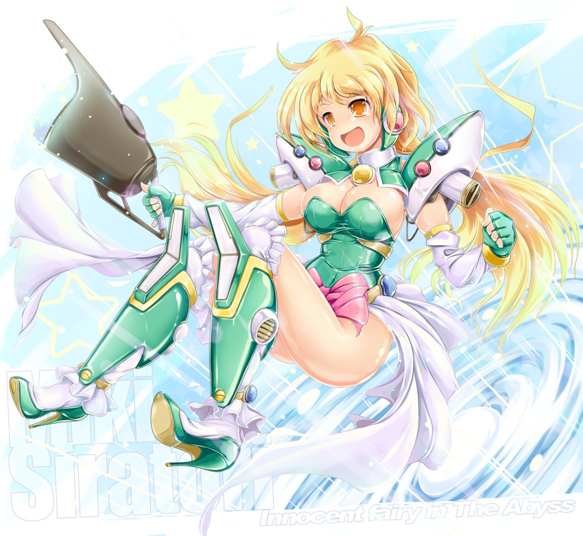 1girl :d armor blonde_hair boots bow breasts bursting_breasts character_name elbow_gloves fingerless_gloves frills full_body ginga_ojou-sama_densetsu_yuna gloves green_boots green_gloves green_leotard high_heel_boots high_heels highres ichirino_minagi knee_boots large_breasts leotard long_hair mecha_musume open_mouth pauldrons pink_bow shiny shiny_skin shiratori_miki smile solo yellow_eyes