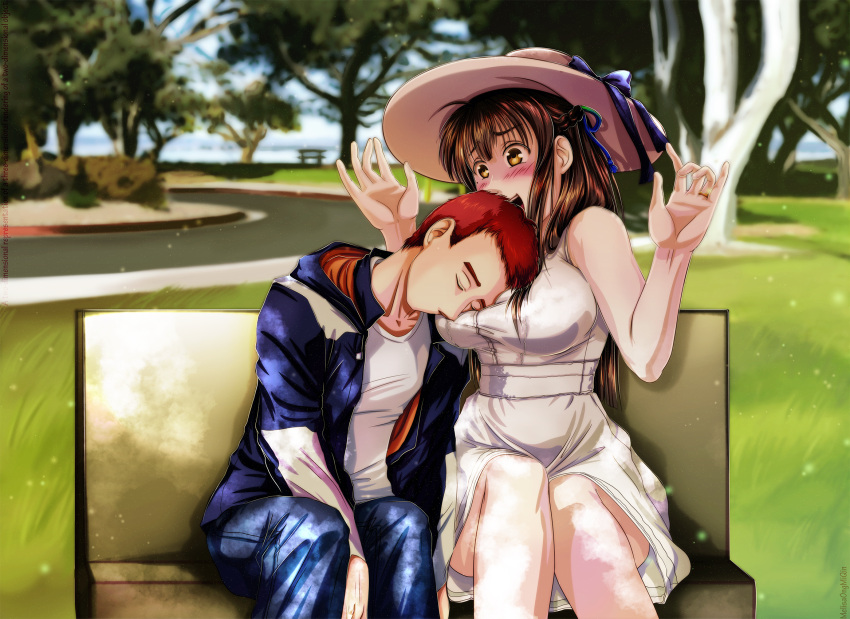 1boy 1girl alternate_costume arms_up bench black_hair blue_ribbon blurry blurry_background blush braid breast_pillow breasts brown_eyes casual couple dress french_braid green_ribbon hat hetero highres hood hoodie iowa_(pacific) jewelry kantai_collection large_breasts melisaongmiqin mole mole_under_eye multicolored multicolored_ribbon open_mouth pacific park park_bench redhead ribbon ring seat sleeping sleeping_on_person sun_hat tree white_dress