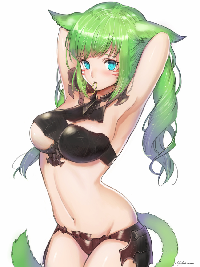 1girl absurdres animal_ears aqua_eyes armor armpits arms_up bangs bibiko bikini_armor breasts cowboy_shot facial_mark final_fantasy final_fantasy_xiv green_hair highres large_breasts long_hair miqo'te mouth_hold navel simple_background solo tail twintails tying_hair white_background