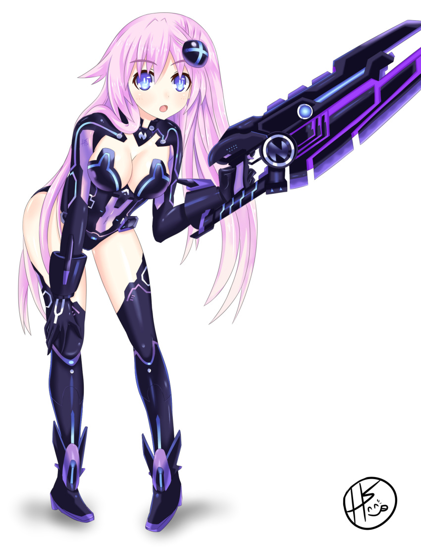 blue_eyes blush bodysuit breasts cleavage cosplay covered_navel d-pad full_body gloves hair_ornament helvetica_5tandard highres huge_weapon kami_jigen_game_neptune_v leotard long_hair looking_at_viewer medium_breasts navel nepgear neptune_(series) open_mouth pink_hair power_symbol purple_heart purple_heart_(cosplay) shiny shiny_hair shiny_skin sword symbol-shaped_pupils weapon