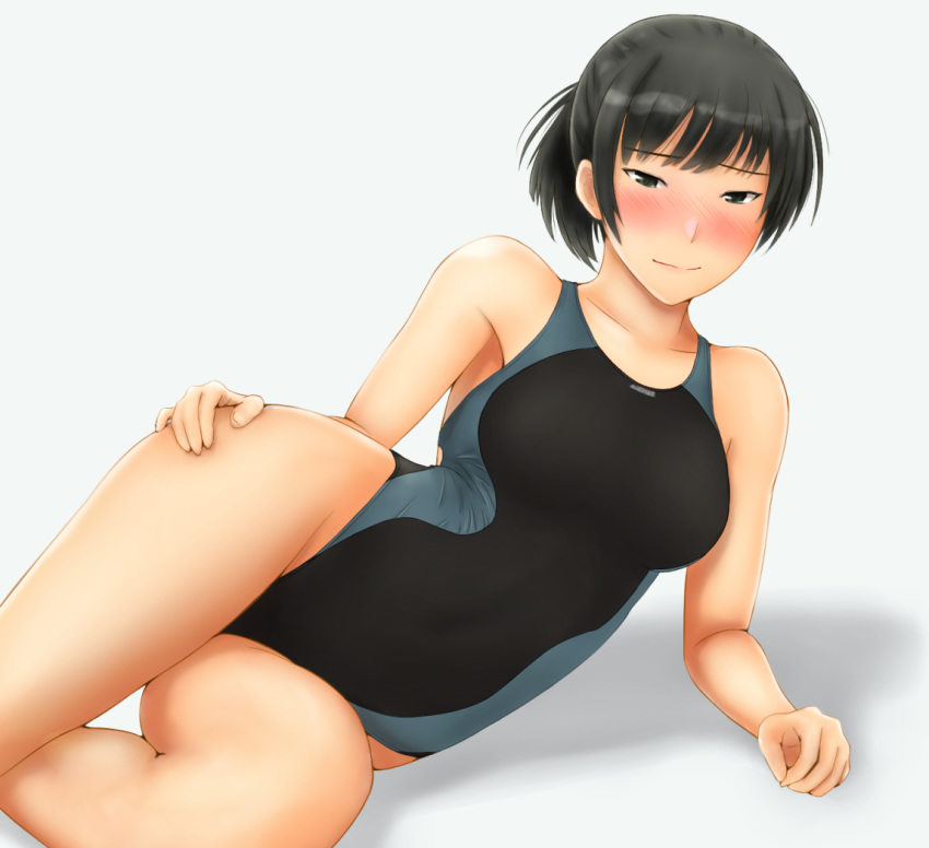 1girl amagami black_eyes black_hair blush breasts competition_swimsuit cowboy_shot grey_swimsuit large_breasts looking_at_viewer lying makuwa_(user_dvft3725) nose_blush on_side one-piece_swimsuit ponytail shadow short_hair simple_background solo swimsuit tsukahara_hibiki