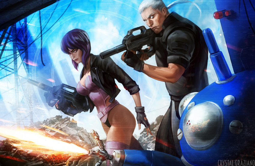 1boy 1girl aiming artist_name batou black_gloves black_jacket black_leotard black_shirt breasts character_request crystal_graziano cyborg fingerless_gloves ghost_in_the_shell ghost_in_the_shell_stand_alone_complex gloves grey_hair gun holding holding_gun holding_weapon jacket kusanagi_motoko large_breasts leotard leotard_under_clothes open_clothes open_jacket pink_legwear purple_hair red_eyes shirt short_hair sleeves_folded_up solo tachikoma thigh-highs weapon