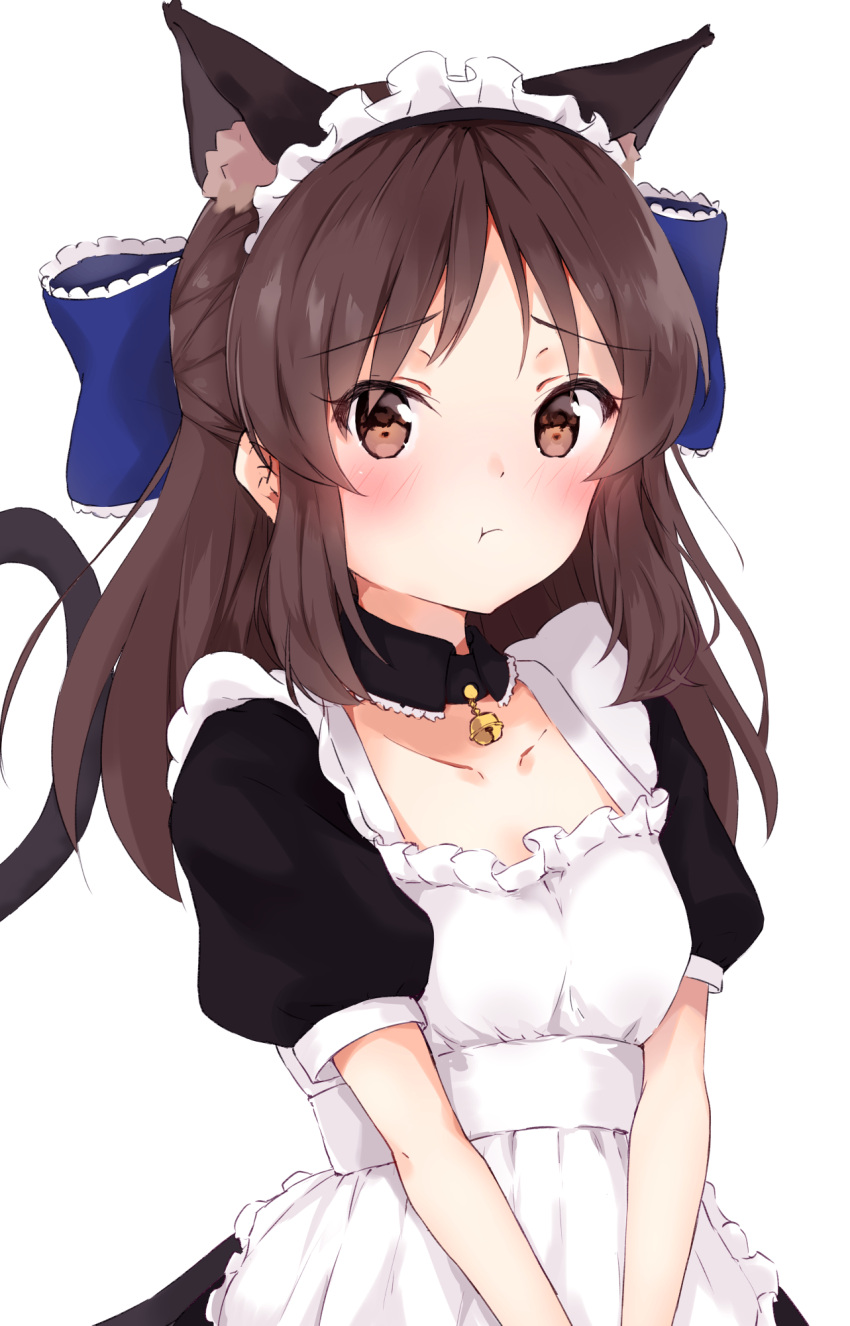 1girl :t alternate_costume animal_ears apron bangs bell black_dress blue_bow blush bow breasts brown_eyes brown_hair cat_ears cat_tail closed_mouth collarbone commentary_request detached_collar dress embarrassed enmaided frilled_bow frills hair_bow highres idolmaster idolmaster_cinderella_girls jingle_bell long_hair looking_at_viewer maid maid_headdress minikon pout puffy_short_sleeves puffy_sleeves raised_eyebrows short_sleeves simple_background small_breasts solo tachibana_arisu tail tareme upper_body v_arms white_apron white_background