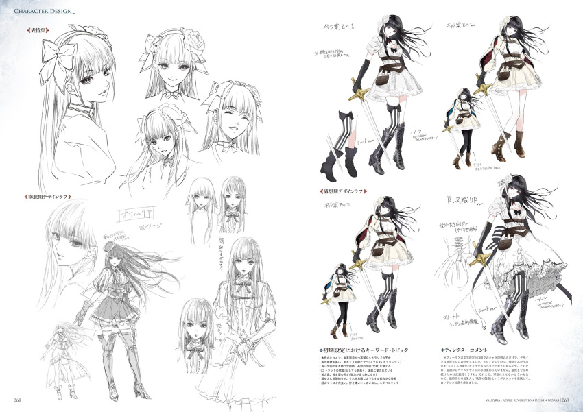 1girl aoki_kakumei_no_valkyria artist_request asymmetrical_legwear bangs belt belt_pouch black_hair boots concept_art detached_collar dress elbow_gloves eyebrows_visible_through_hair frills full_body gloves hair_ribbon hairband highres holding holding_weapon juliet_sleeves knee_boots lineart long_hair long_sleeves looking_at_viewer official_art open_mouth pantyhose puffy_sleeves red_eyes ribbon senjou_no_valkyria short_dress short_sleeves simple_background smile striped striped_legwear sword thigh-highs thigh_boots weapon white_background