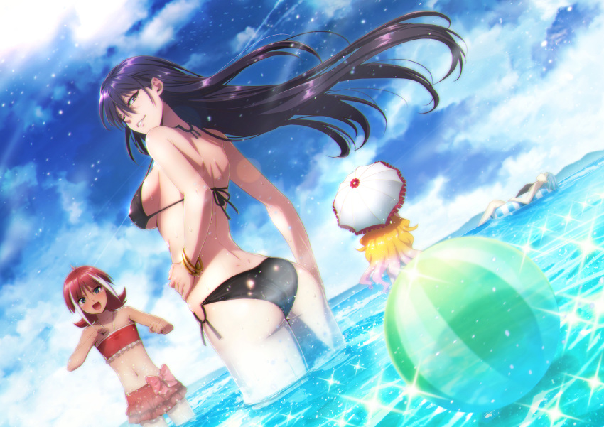 4girls ahoge arm_at_side ass ball bangle bare_arms bare_legs bare_shoulders beachball bikini black_bikini black_hair black_swimsuit blonde_hair blue_eyes blue_hair blue_sky bow bow_bikini bracelet breasts clenched_hands clouds cloudy_sky collarbone dark_skin dutch_angle eyelashes floating_hair frilled_bikini frills from_behind gradient gradient_hair hair_between_eyes hand_on_hip highres holding holding_umbrella innertube jewelry lips long_hair looking_at_viewer looking_back lying lying_on_water medium_breasts midriff mole mole_under_eye multicolored_hair multiple_girls navel ocean on_back one-piece_swimsuit orange_hair original outdoors parasol parted_lips partially_submerged pink_bow pink_lips puma_(hyuma1219) red_bikini redhead shiny shiny_clothes short_hair shoulder_blades side-tie_bikini sideboob sidelocks sky small_breasts smile sparkle standing stomach streaked_hair striped swimsuit teeth tsurime two-tone_hair umbrella very_long_hair water wavy_hair wet white_hair wind yellow_eyes