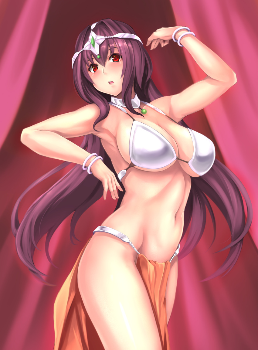 1girl bikini_armor blush bracelet breasts cosplay dancing dragon_quest dragon_quest_iv fate/grand_order fate_(series) highres jewelry large_breasts long_hair looking_at_viewer manya manya_(cosplay) midriff navel open_mouth pelvic_curtain purple_hair red_eyes scathach_(fate/grand_order) solo thighs yashichii
