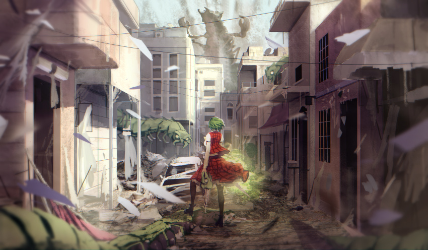 1girl black_legwear black_shoes building centipede commentary_request day from_behind green_hair highres house insect kazami_yuuka kikimifukuri long_sleeves monster outdoors parasol plaid plaid_skirt plaid_vest red_skirt ruins shoes short_hair skirt skirt_set solo touhou umbrella vest