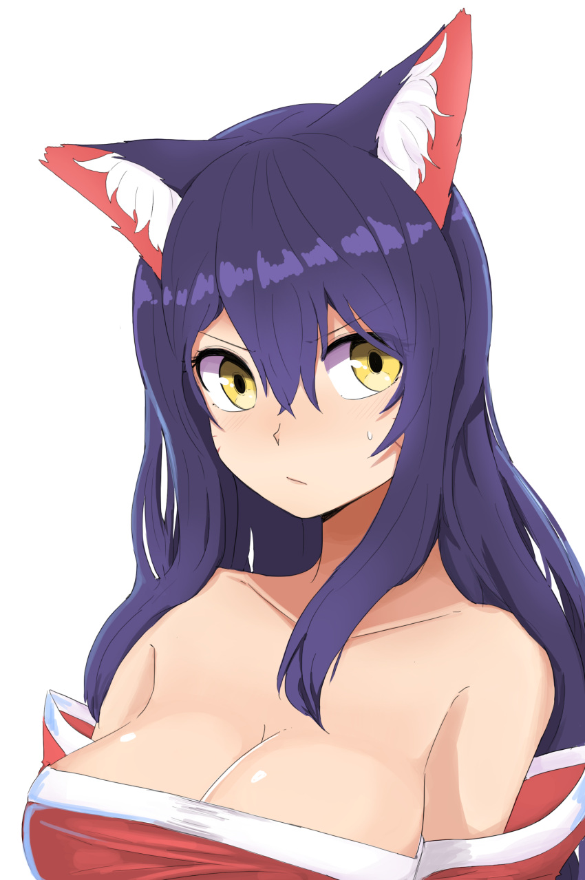 1girl absurdres ahri animal_ears bare_shoulders black_hair blush breasts cleavage collarbone detached_sleeves facial_mark fox_ears fox_tail highres korean_clothes large_breasts league_of_legends lips long_hair looking_at_viewer simple_background slit_pupils solo sweat tail whisker_markings white_background yellow_eyes