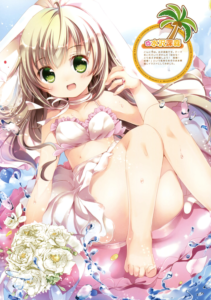 1girl ;d absurdres ahoge barefoot blonde_hair bouquet bra breasts choker collarbone feet flower green_eyes highres holding holding_bouquet jewelry long_hair looking_at_viewer mizusawa_mimori one_eye_closed open_mouth original palm_tree ribbon ribbon_choker ring scan skirt small_breasts smile solo toes tree underwear wet white_bra white_flower white_ribbon white_skirt