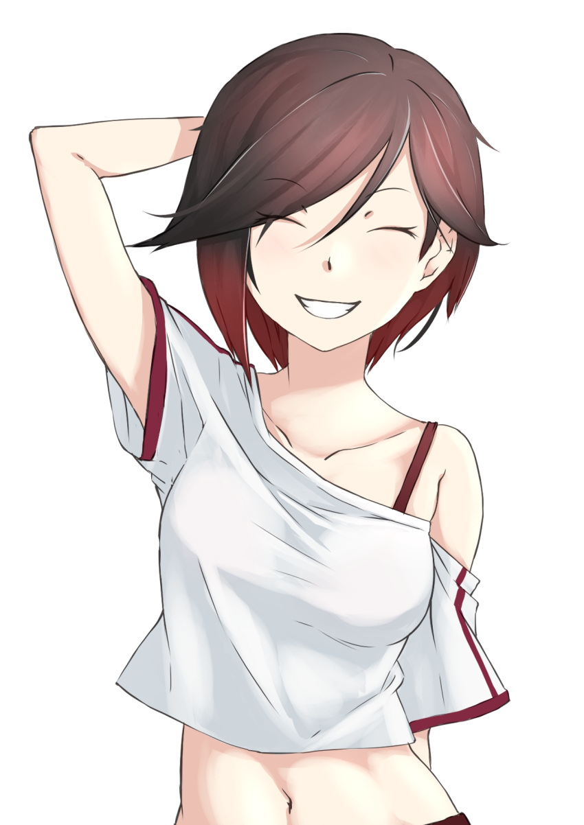 1girl ^_^ arm_behind_back blush bra_strap breasts brown_hair closed_eyes collarbone hand_behind_head highres medium_breasts midriff multicolored_hair navel off_shoulder redhead ruby_rose rwby shirt short_hair smile solo t-shirt white_background
