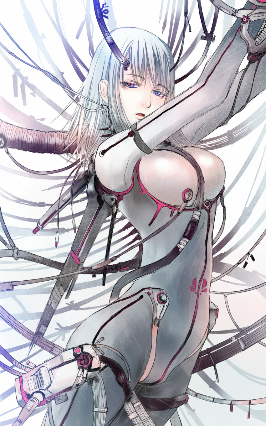 +_+ 1girl arms_up blame! blue_eyes bodysuit breasts cable cibo cyberpunk cyborg dated eyebrows_visible_through_hair highres long_hair looking_at_viewer medium_breasts open_mouth pale_skin sketch solo symbol-shaped_pupils white_bodysuit white_hair zaz
