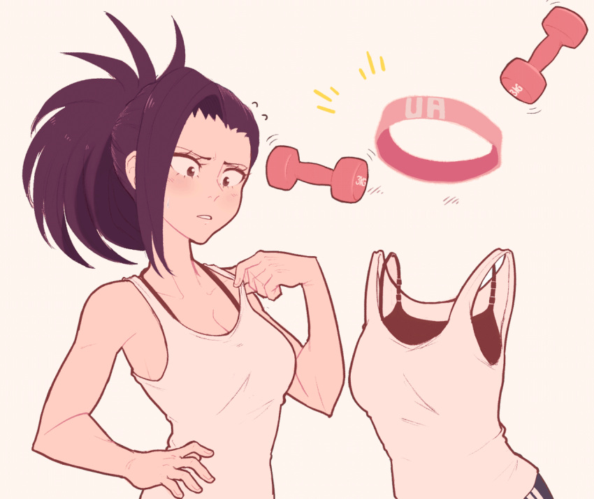 2girls alternate_costume animated animated_gif bare_shoulders black_bra blush boku_no_hero_academia bra breasts brown_eyes cleavage collarbone dumbbell hagakure_tooru headband invisible long_hair medium_breasts multiple_girls pants ponytail sally_(luna-arts) sideboob simple_background sports_bra strap_pull tank_top track_pants underwear upper_body white_background yaoyorozu_momo