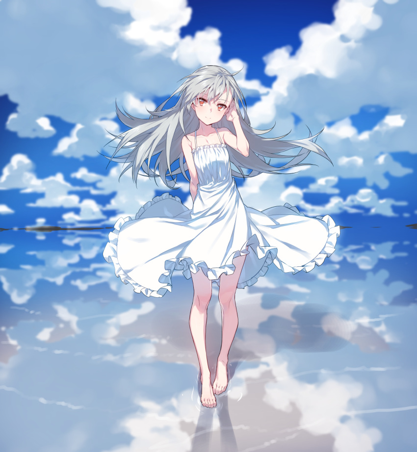 1girl absurdres bangs barefoot blue_sky blush closed_mouth closers clouds cloudy_sky day dress eyebrows_visible_through_hair floating_hair frilled_dress frills full_body hand_in_hair hand_up highres horizon light_smile long_hair looking_at_viewer red_eyes reflection silver_hair sky smile solo standing sundress supernew tina_(closers) white_dress