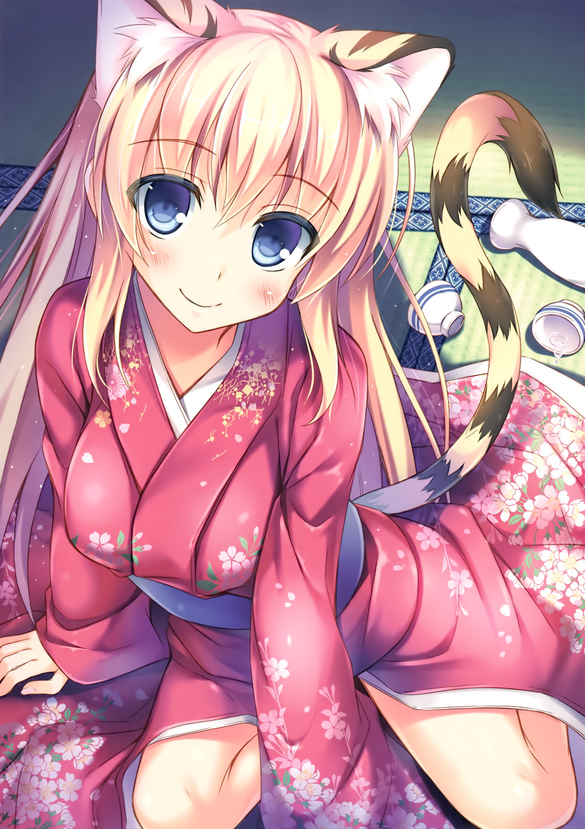 1girl absurdres alcohol animal_ears arm_at_side arm_support bangs bare_legs between_legs blonde_hair blue_eyes blush breasts choko_(cup) closed_mouth cropped cup eyebrows_visible_through_hair fingernails floral_print hand_between_legs highres indoors japanese_clothes kimono large_breasts long_fingernails long_hair long_sleeves looking_at_viewer nozomi_tsubame obi on_floor original sake sash scan sitting sleeves_past_wrists smile solo tail tatami tiger_ears tiger_girl tiger_tail tokkuri toranoana