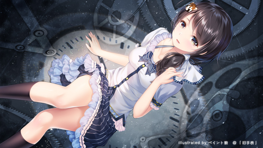 1girl black_eyes black_hair black_legwear breasts clock commentary_request dress gears hair_ornament kneehighs looking_at_viewer low_ponytail original short_hair side_ponytail skirt solo striped striped_skirt watermark white_dress youqiniang