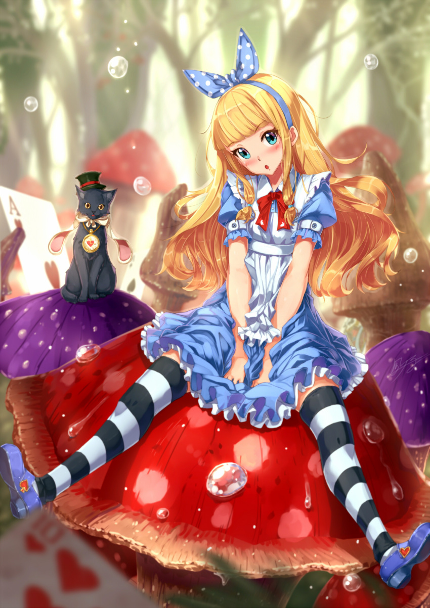 1girl alice alice_in_wonderland apron arms_between_legs black_hat blonde_hair blue_dress blue_eyes blue_hairband blush bow bowtie cat dress eyebrows_visible_through_hair forest full_body hair_bow hairband hat head_tilt highres kazeno long_hair looking_at_viewer nature open_mouth outdoors polka_dot polka_dot_bow red_bow red_bowtie short_sleeves sitting solo striped striped_legwear thigh-highs tree very_long_hair water