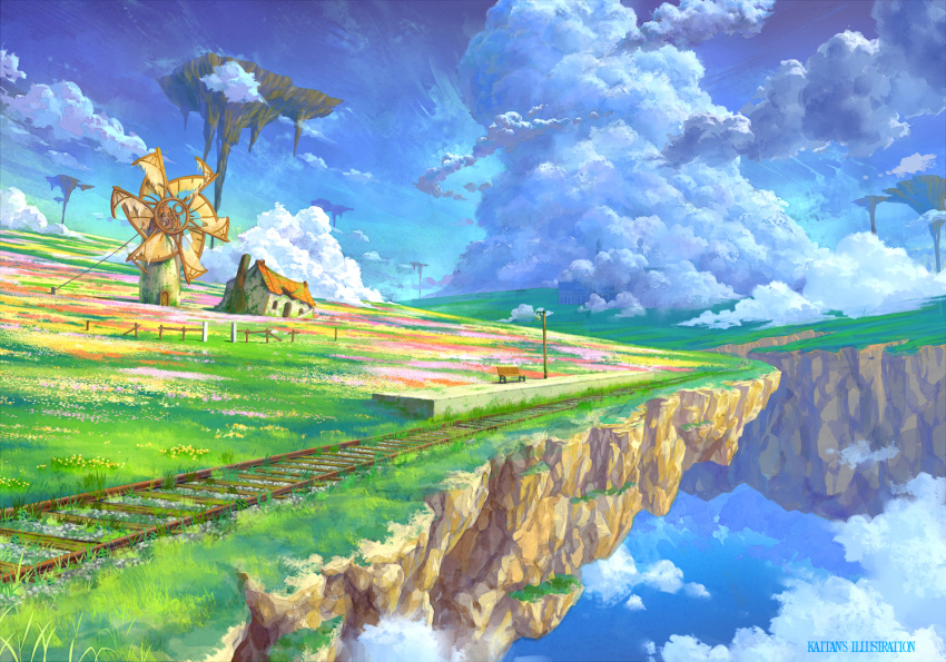 artist_name bench clouds colorful commentary fantasy fence field floating_island flower grass house kaitan lamppost landscape no_humans original plant railroad_tracks ruins scenery sky train_station vines windmill