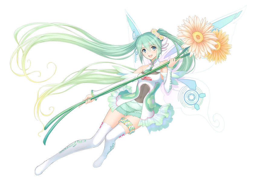 1girl :d bare_shoulders boots covered_navel dress fairy fairy_wings flower frilled_dress frilled_skirt frilled_sleeves frills full_body goodsmile_racing gradient_hair green_eyes green_hair green_skirt hair_flower hair_ornament hatsune_miku long_hair looking_at_viewer multicolored_hair necktie open_mouth simple_background skirt sleeveless smile solo tanaka_takayuki thigh-highs thigh_boots thigh_strap translucent_dress twintails very_long_hair vocaloid white_background white_boots white_legwear wings zettai_ryouiki
