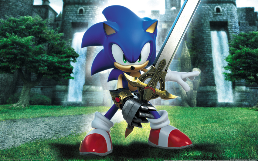 1boy 3d background gauntlets grass hedgehog highres looking_at_viewer sonic sonic_and_the_black_knight sonic_the_hedgehog sword tree wallpaper water waterfall weapon