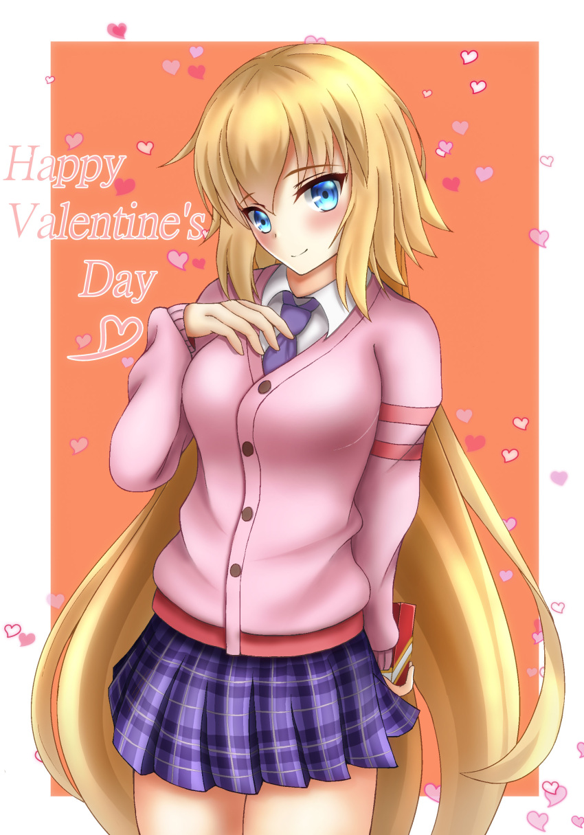 1girl absurdres alternate_costume blonde_hair blue_eyes blush box breasts dress_shirt fate/grand_order fate_(series) gift gift_box happy_valentine head_tilt heart highres large_breasts long_hair looking_at_viewer necktie pink_sweater plaid plaid_skirt pleated_skirt rai_(newtype_xm-x1) ruler_(fate/apocrypha) school_uniform shirt skirt smile solo sweater very_long_hair