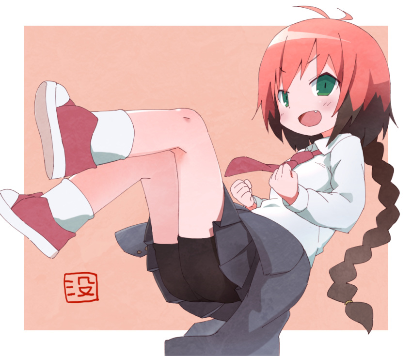 1girl :d black_shorts blush brown_hair clenched_hands fang green_eyes grey_skirt kill_me_baby kneehighs looking_at_viewer medium_hair multicolored_hair necktie okayparium open_mouth red_necktie redhead school_uniform shoes shorts skirt smile sneakers solo translation_request unused_character