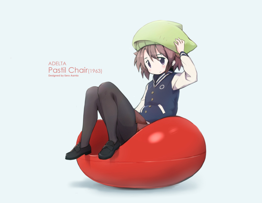 blush brown_hair brown_skirt character_request copyright_request english eyebrows_visible_through_hair green_hat hand_on_headwear hat looking_at_viewer okayparium pantyhose sitting skirt thigh-highs violet_eyes