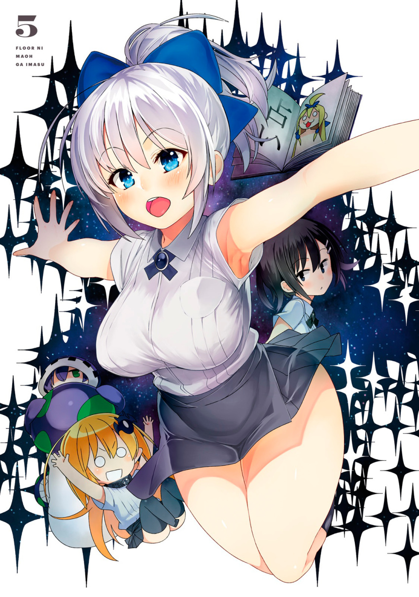 4girls armpits arms_up black_hair black_legwear black_skirt blonde_hair blue_bow blue_eyes blush bow breasts copyright_name eyebrows_visible_through_hair floor_ni_maou_ga_imasu green_hair hair_bow hair_ornament high_ponytail highres hood large_breasts long_hair multiple_girls number open_mouth outstretched_arms pleated_skirt purplle_hair shirt short_hair short_sleeves silver_hair skirt sleeveless sleeveless_shirt thigh-highs white_background white_shirt